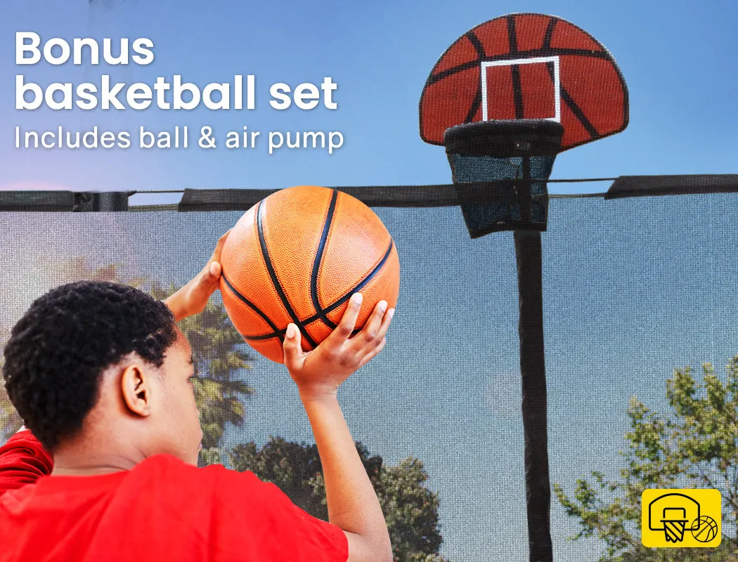 10ft Round Kids Trampoline with Curved Pole Design, Basketball Set and Sprinkler Accessory | Black and Multi-Colour | UP-SHOT