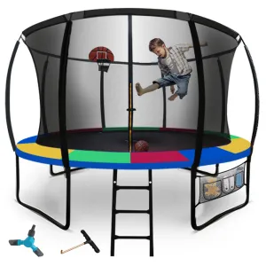 10ft Round Kids Trampoline with Curved Pole Design, Basketball Set and Sprinkler Accessory | Black and Multi-Colour | UP-SHOT