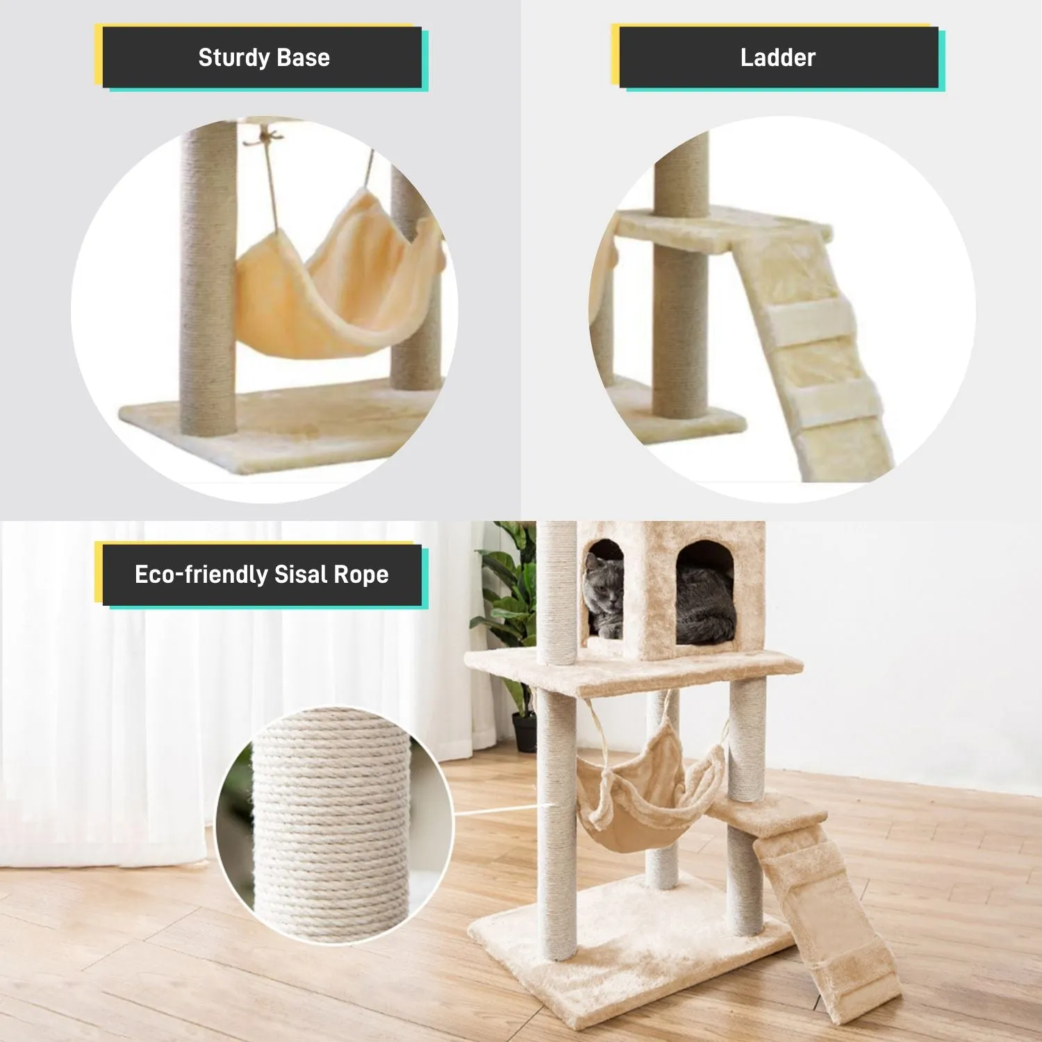 140cm Dark Grey Multi-Level Cat Tree with Sisal and Hammock