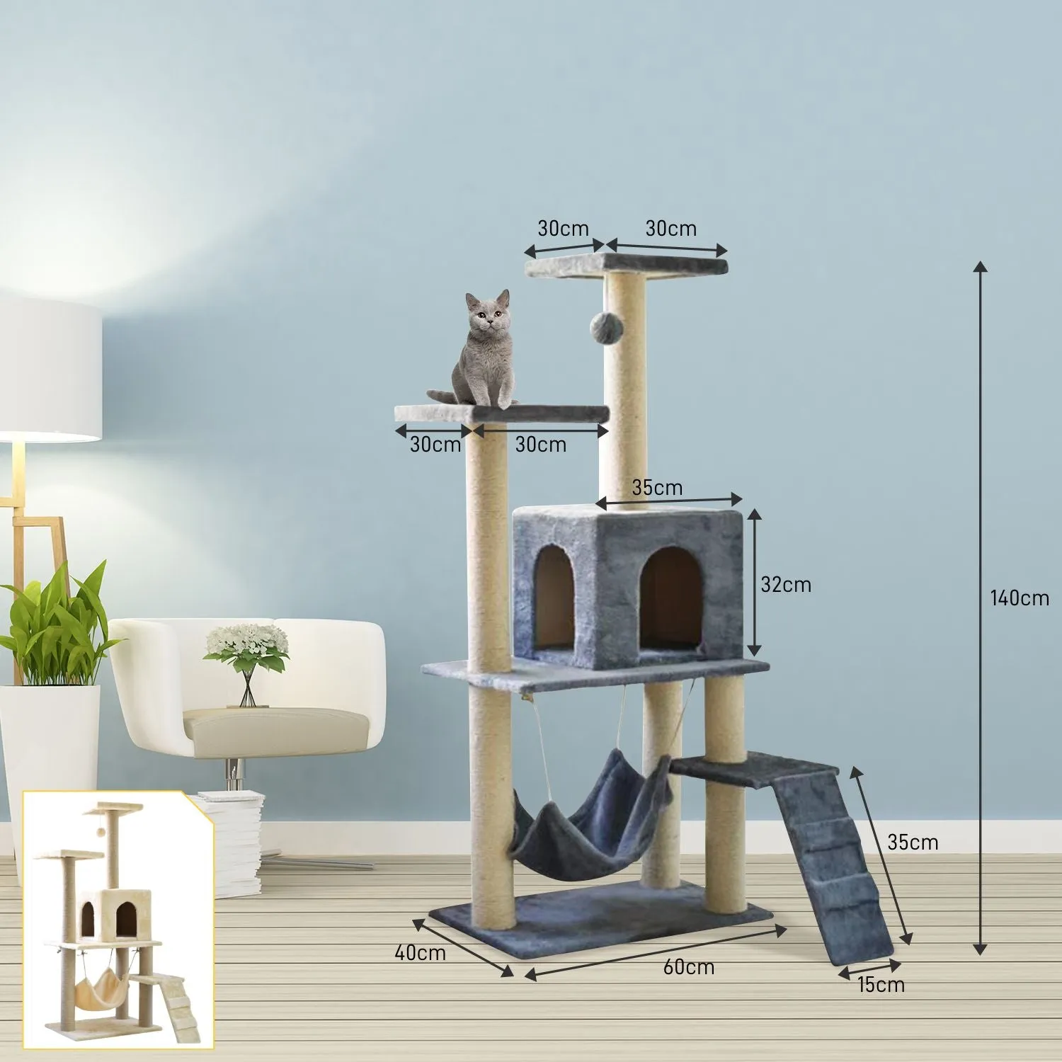 140cm Dark Grey Multi-Level Cat Tree with Sisal and Hammock