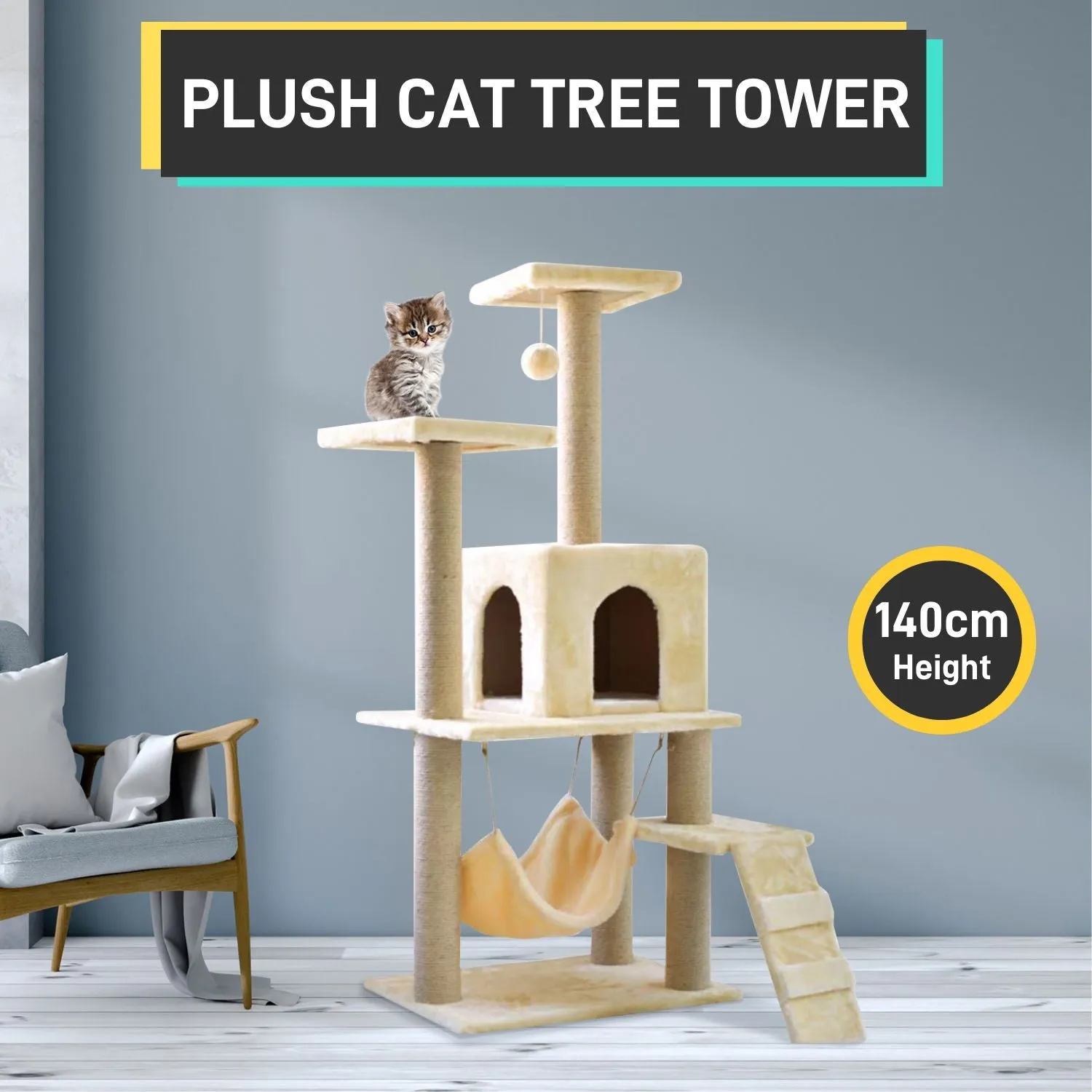 140cm Dark Grey Multi-Level Cat Tree with Sisal and Hammock
