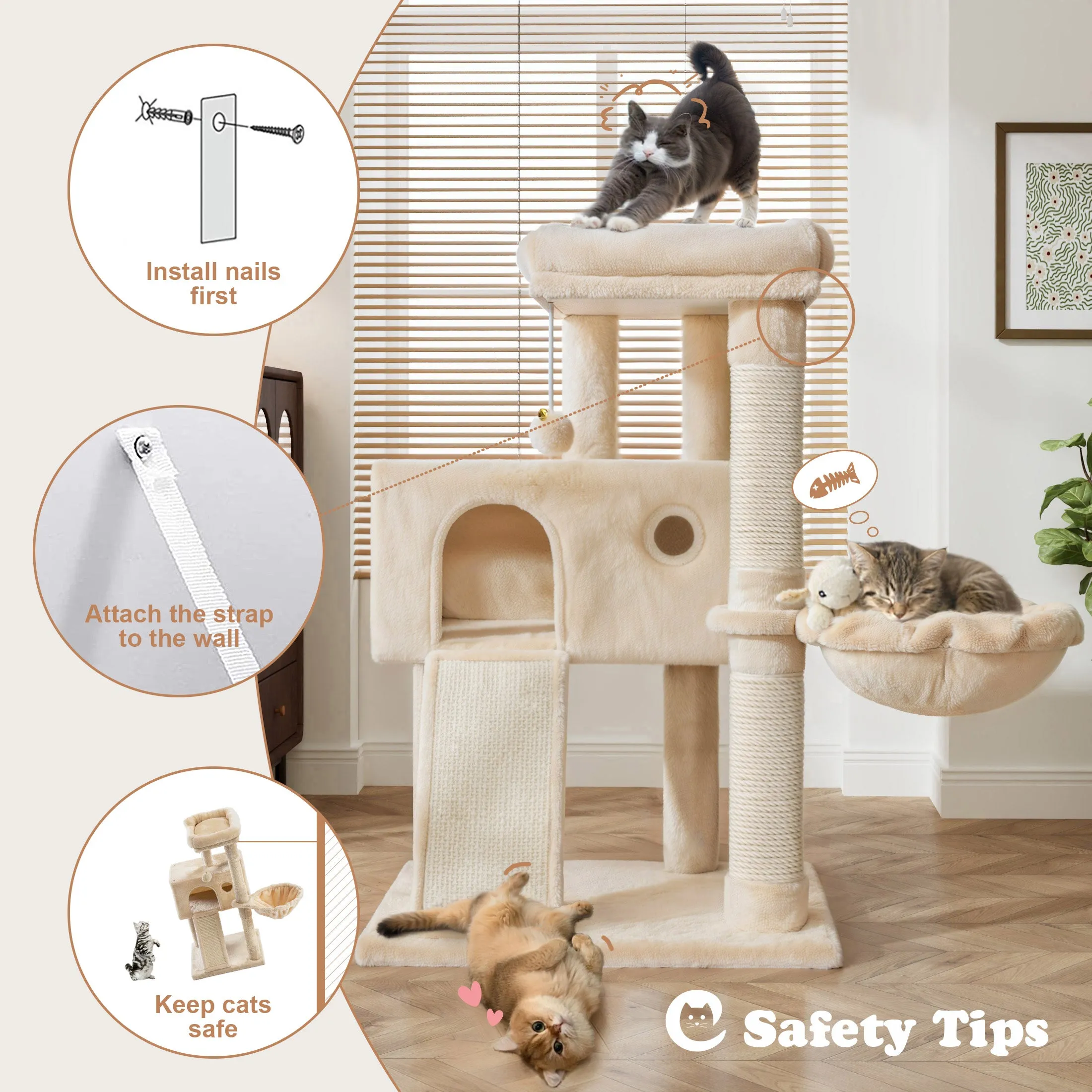 68 Inches Multi-Level Large Cat Tree for Large Cats/Sisal Scratching Posts and Hammocks