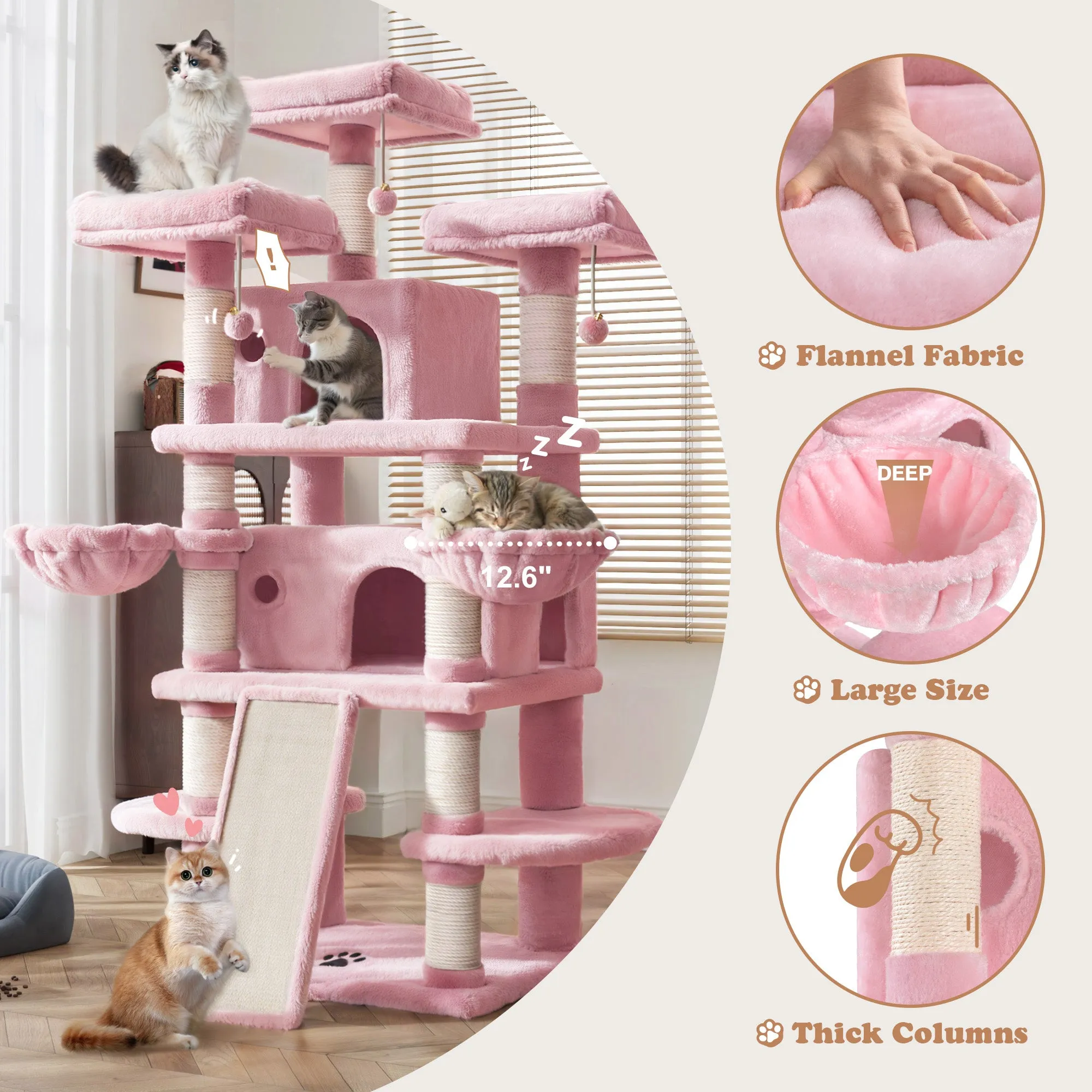 68 Inches Multi-Level Large Cat Tree for Large Cats/Sisal Scratching Posts and Hammocks