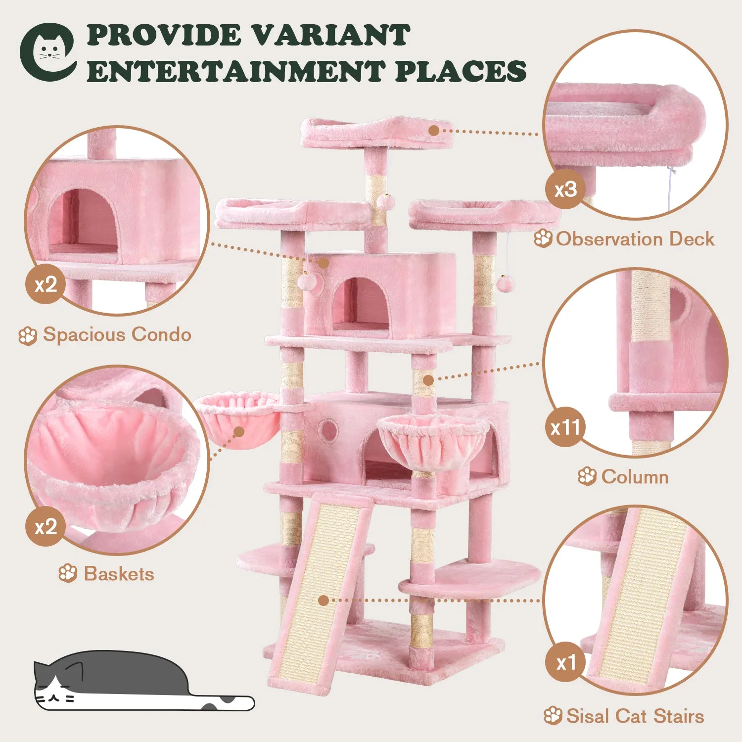 68 Inches Multi-Level Large Cat Tree for Large Cats/Sisal Scratching Posts and Hammocks