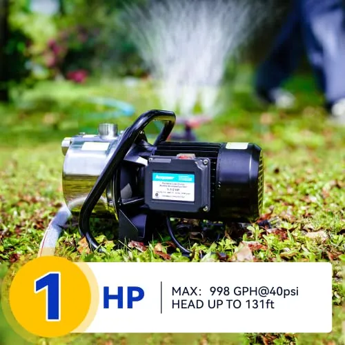 Acquaer 1 HP Portable Shallow Well Pump Garden Pump, Stainless Steel, 998 GPH, 115V Sprinkler Pump Water Transfer Draining Irrigation Pump for Water Removal/Lawn Garden