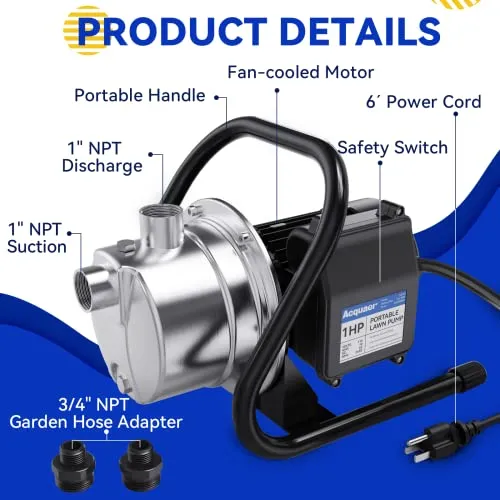 Acquaer 1 HP Portable Shallow Well Pump Garden Pump, Stainless Steel, 998 GPH, 115V Sprinkler Pump Water Transfer Draining Irrigation Pump for Water Removal/Lawn Garden