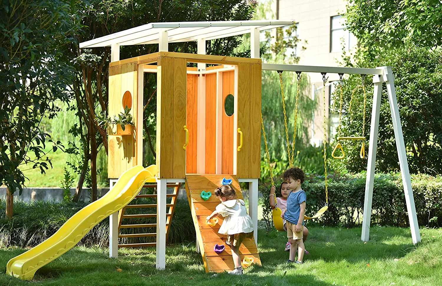 Avenlur Forest - Modern Backyard Outdoor Swing Set 2 Swings And Trapeze Bar