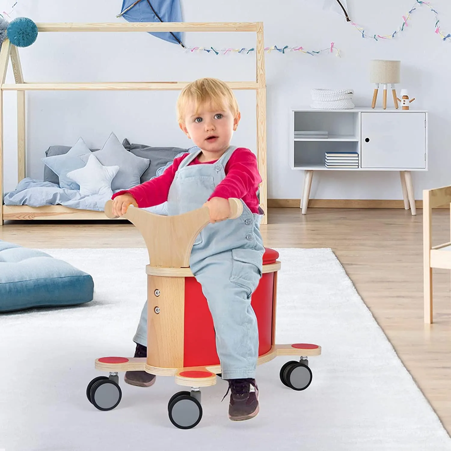 Baby Wooden Balance Toddler Bike with 4 Wheels & Storage Space