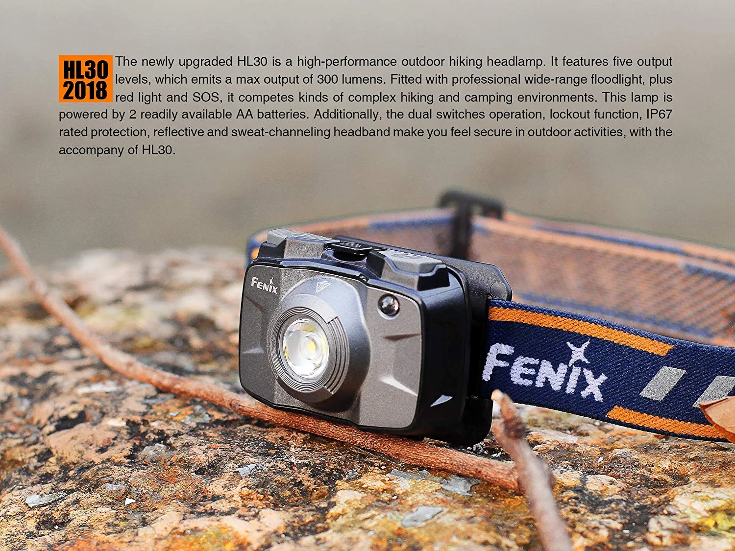 Fenix HL30 2018 300 Lumen LED Headlamp with 2 X EdisonBright AA Alkaline batteries