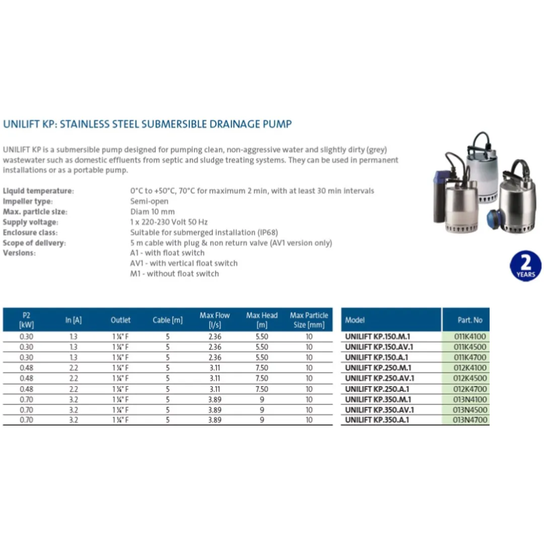 Grundfos Unilift KP150-M1 0.14kW Submersible Drainage Pump Manual (Max 140LPM/55kPa)