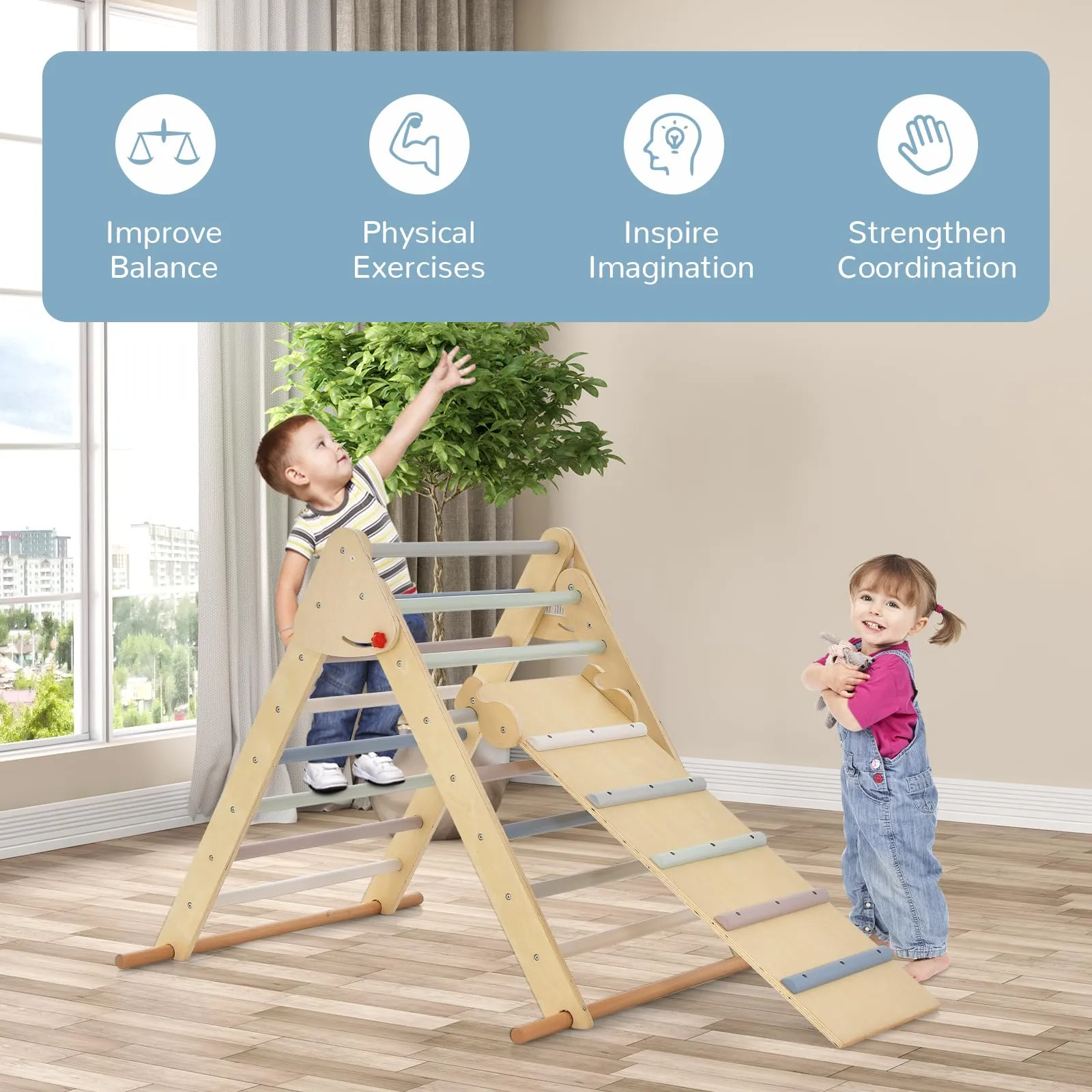 INFANS Climbing Toys for Toddlers, 3 in 1 Foldable Kids Wood Montessori Pikler Climber Ladder with Ramp, Slide
