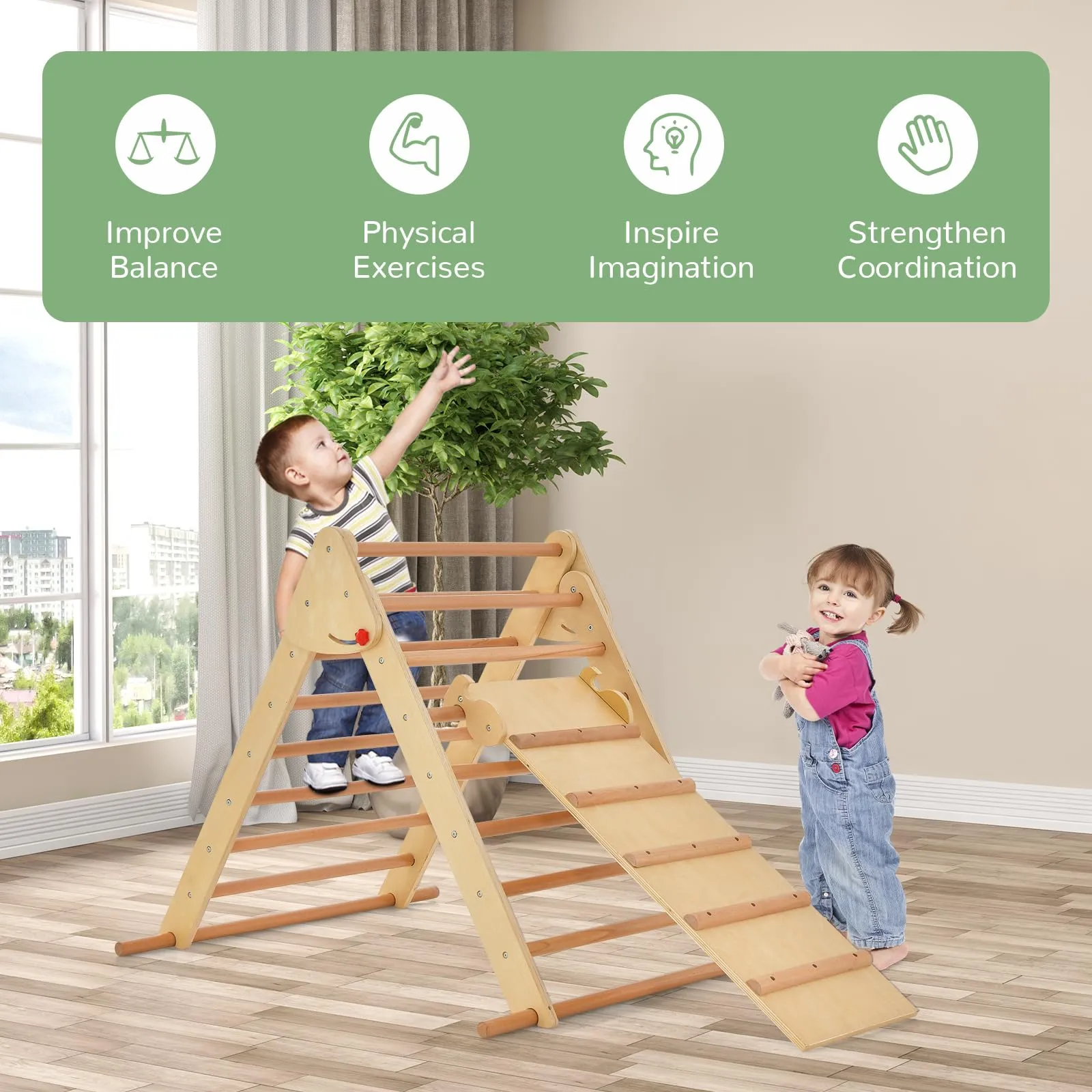 INFANS Climbing Toys for Toddlers, 3 in 1 Foldable Kids Wood Montessori Pikler Climber Ladder with Ramp, Slide