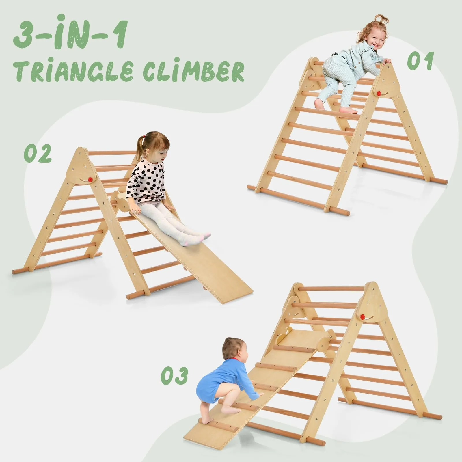 INFANS Climbing Toys for Toddlers, 3 in 1 Foldable Kids Wood Montessori Pikler Climber Ladder with Ramp, Slide