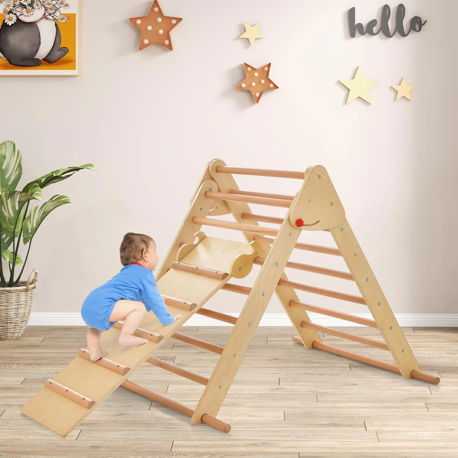 INFANS Climbing Toys for Toddlers, 3 in 1 Foldable Kids Wood Montessori Pikler Climber Ladder with Ramp, Slide