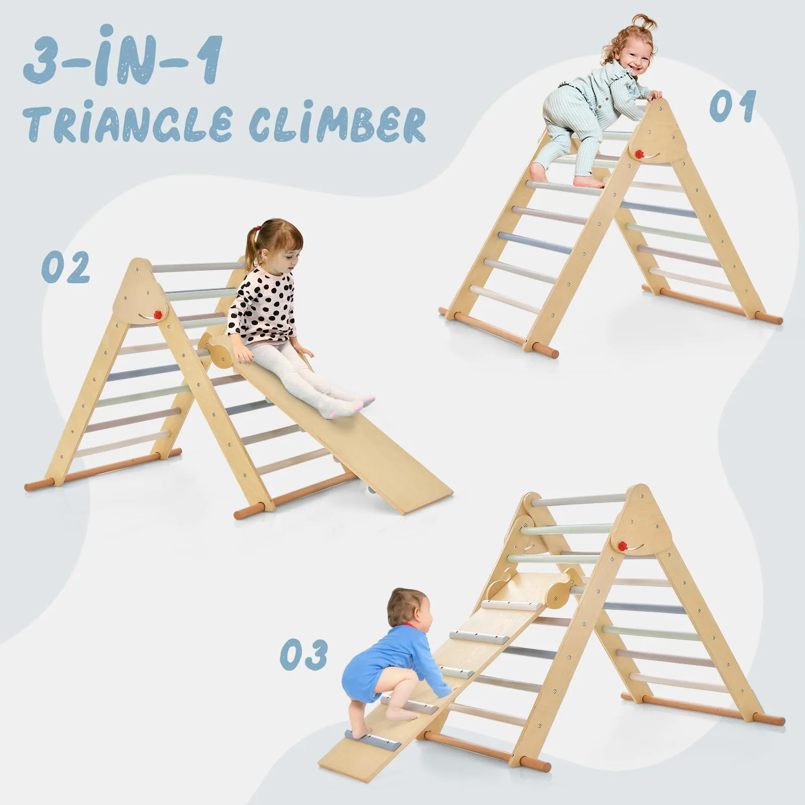 INFANS Climbing Toys for Toddlers, 3 in 1 Foldable Kids Wood Montessori Pikler Climber Ladder with Ramp, Slide