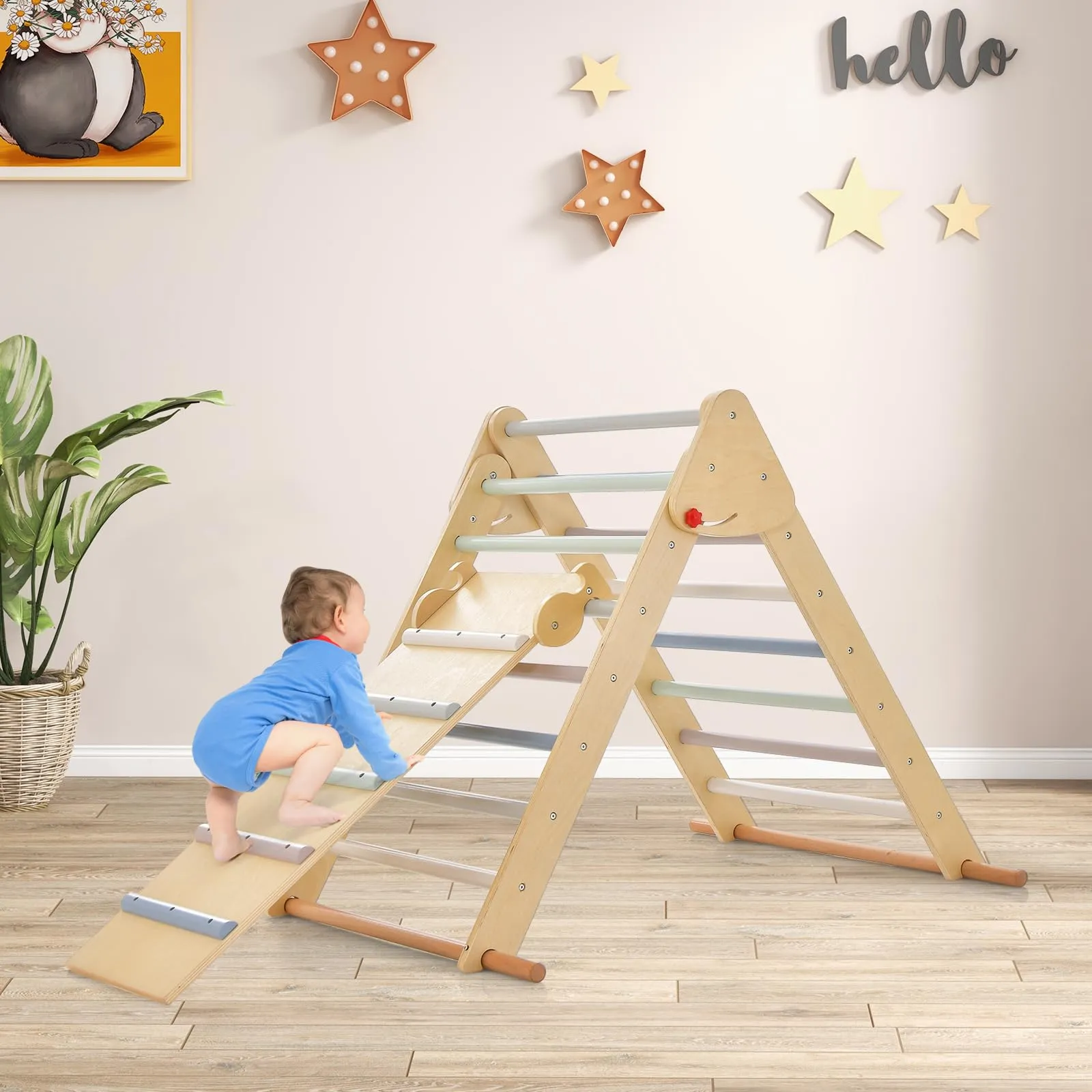 INFANS Climbing Toys for Toddlers, 3 in 1 Foldable Kids Wood Montessori Pikler Climber Ladder with Ramp, Slide