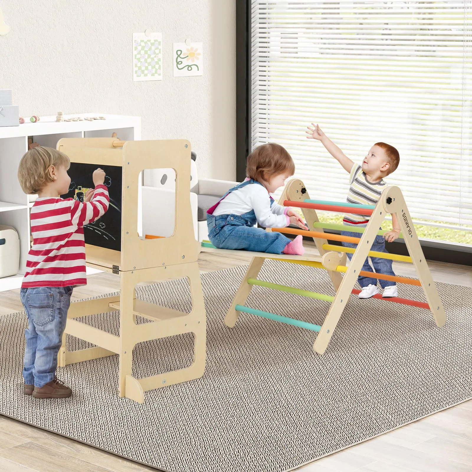 INFANS Climbing Toys for Toddlers, 8 in 1 Foldable Wood Pikler Montessori Jungle Gym, Indoor Kids Playground Climber Triangle Set