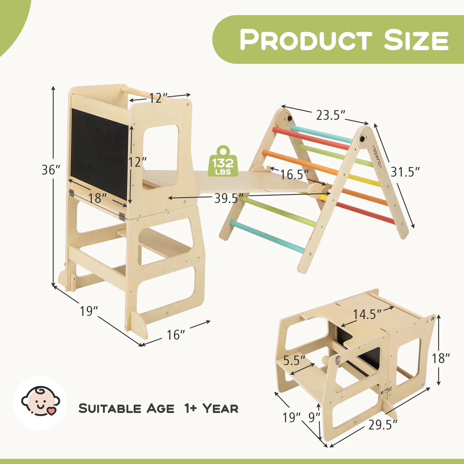 INFANS Climbing Toys for Toddlers, 8 in 1 Foldable Wood Pikler Montessori Jungle Gym, Indoor Kids Playground Climber Triangle Set