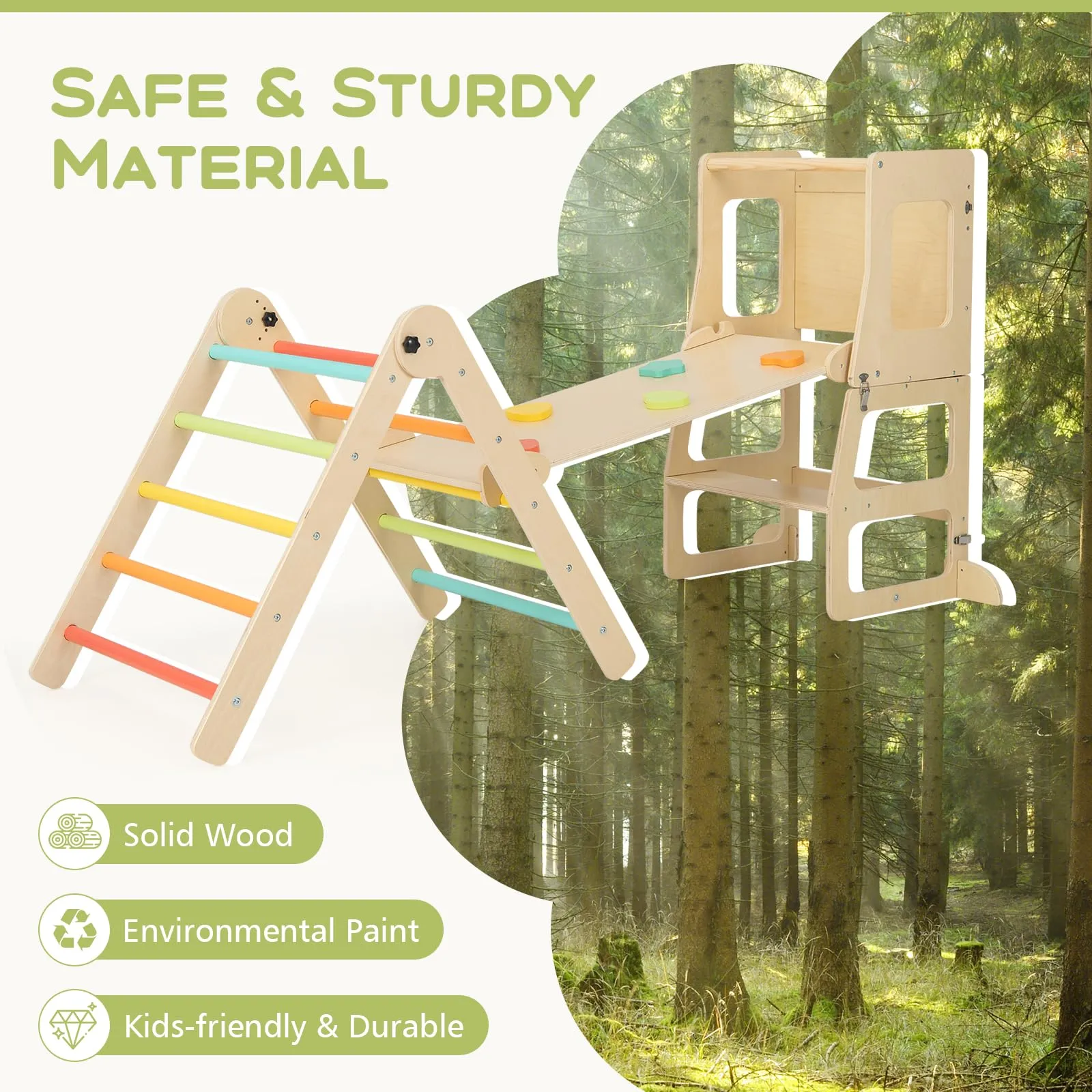 INFANS Climbing Toys for Toddlers, 8 in 1 Foldable Wood Pikler Montessori Jungle Gym, Indoor Kids Playground Climber Triangle Set