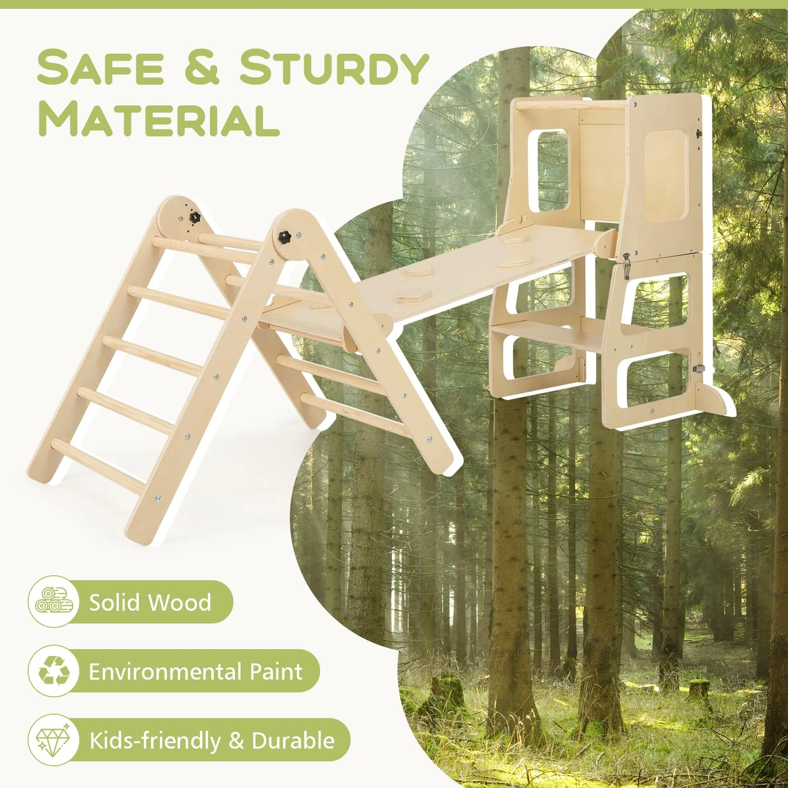 INFANS Climbing Toys for Toddlers, 8 in 1 Foldable Wood Pikler Montessori Jungle Gym, Indoor Kids Playground Climber Triangle Set