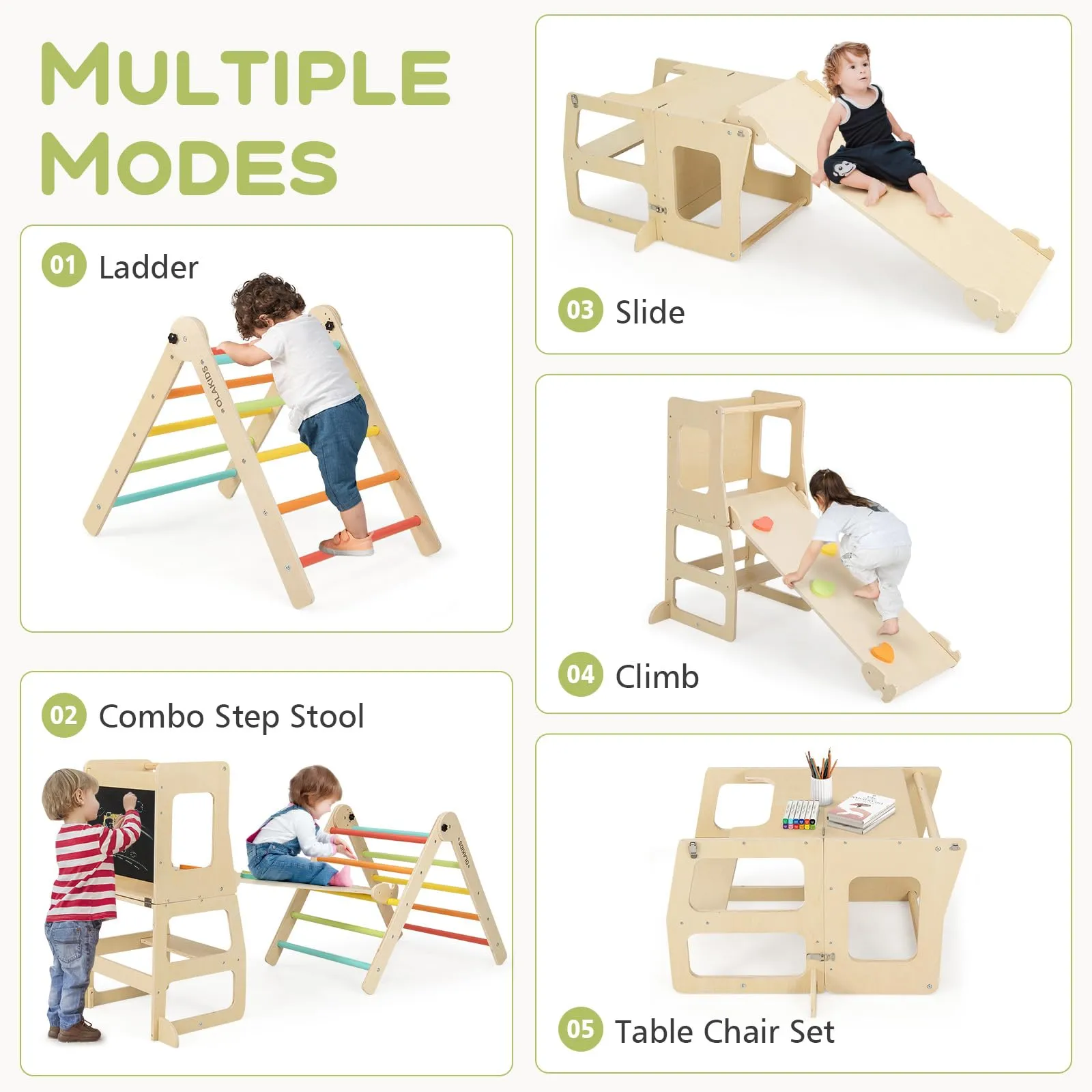INFANS Climbing Toys for Toddlers, 8 in 1 Foldable Wood Pikler Montessori Jungle Gym, Indoor Kids Playground Climber Triangle Set