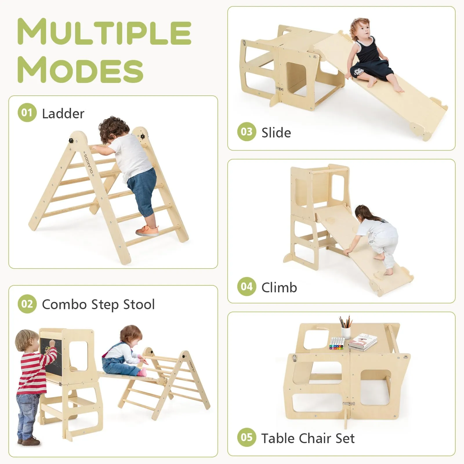 INFANS Climbing Toys for Toddlers, 8 in 1 Foldable Wood Pikler Montessori Jungle Gym, Indoor Kids Playground Climber Triangle Set