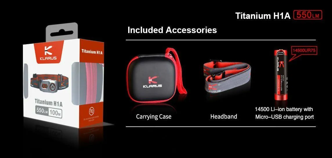 Klarus H1A Rechargeable Headlamp (Titanium) - 550Lm - Battery Included