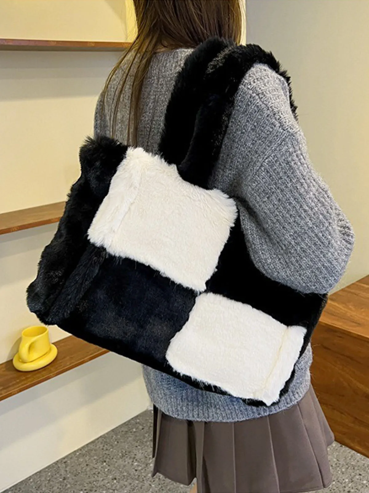 Large & Small Plush Fluffy checkerboard Tote Bags