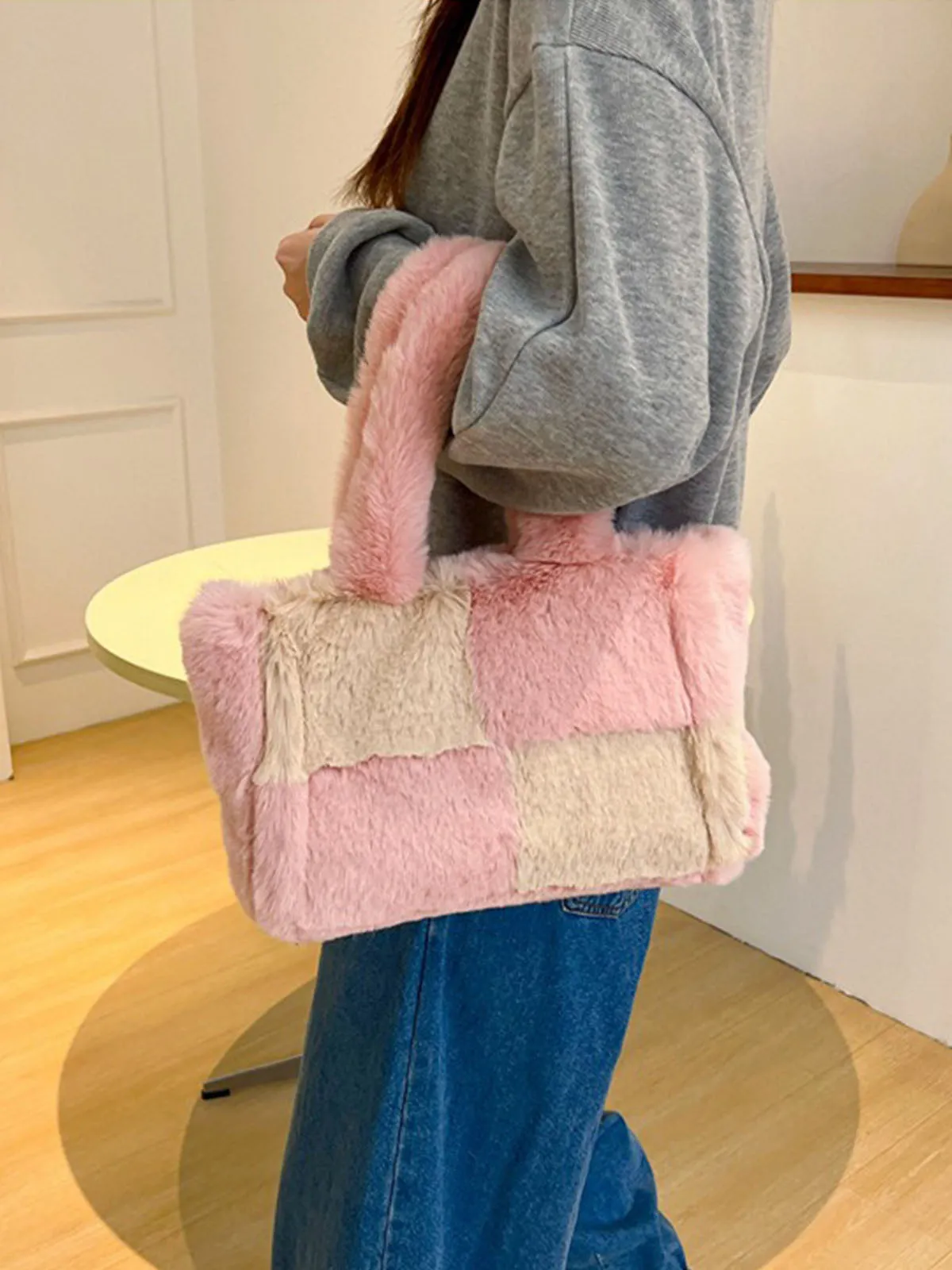 Large & Small Plush Fluffy checkerboard Tote Bags