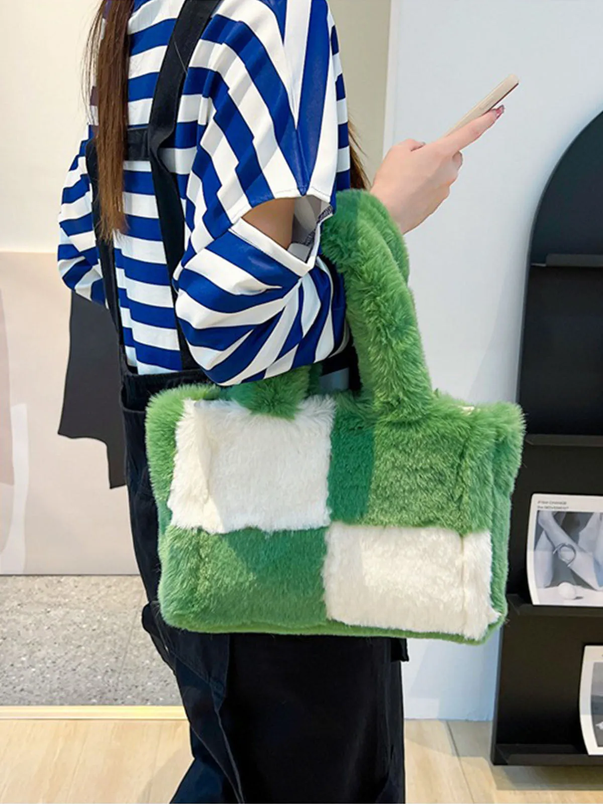 Large & Small Plush Fluffy checkerboard Tote Bags