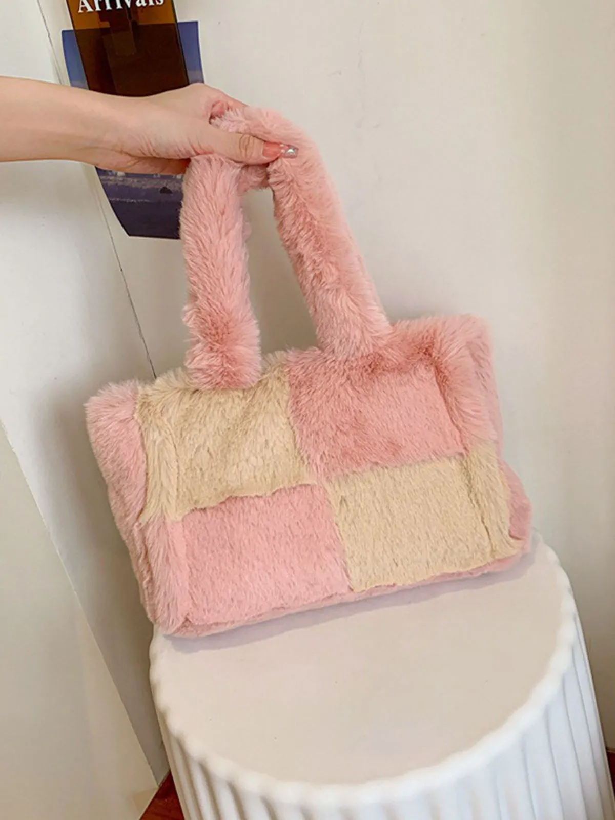 Large & Small Plush Fluffy checkerboard Tote Bags