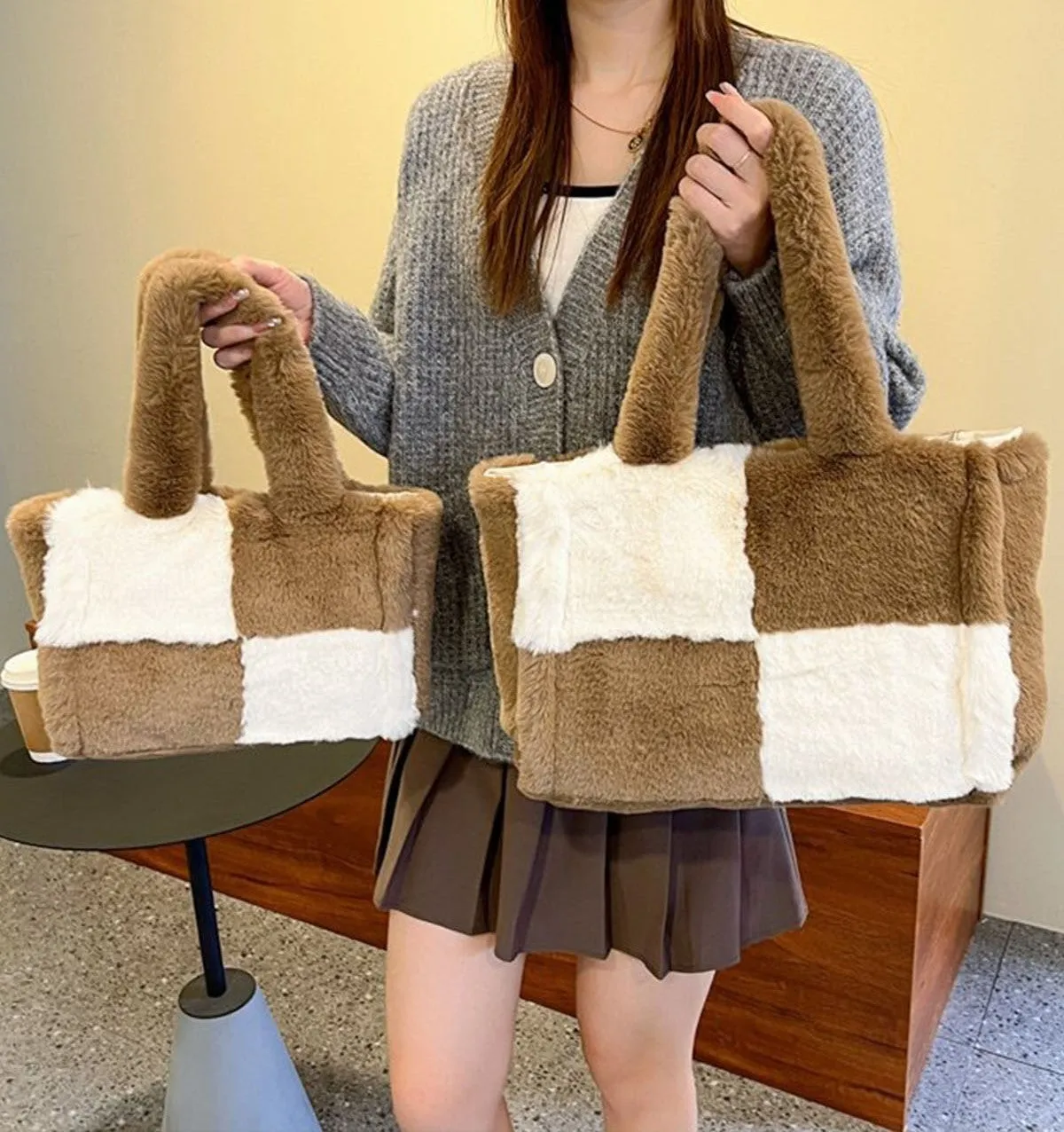 Large & Small Plush Fluffy checkerboard Tote Bags
