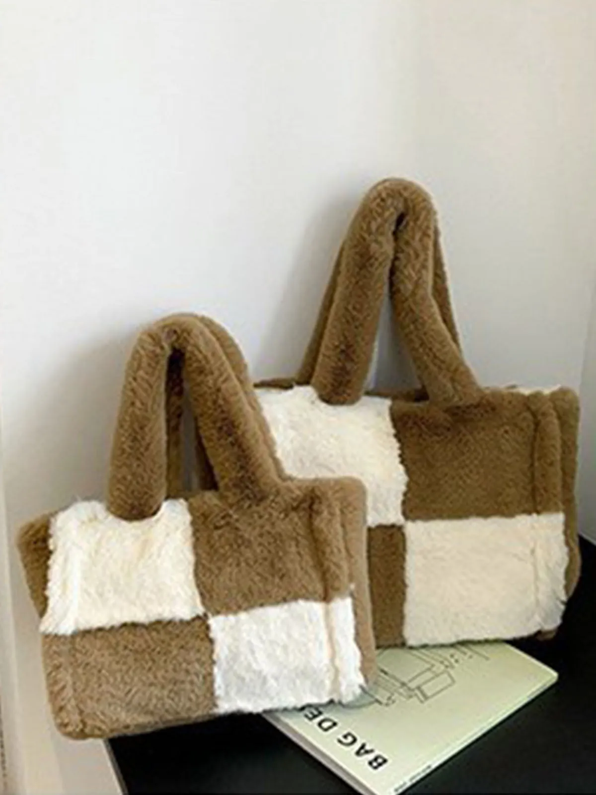 Large & Small Plush Fluffy checkerboard Tote Bags