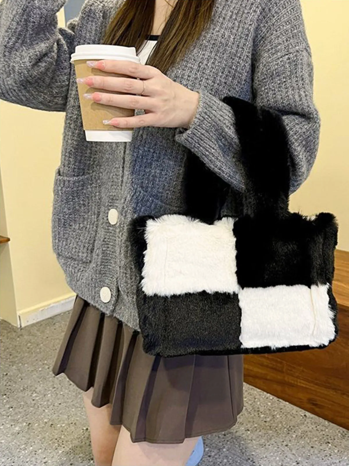 Large & Small Plush Fluffy checkerboard Tote Bags