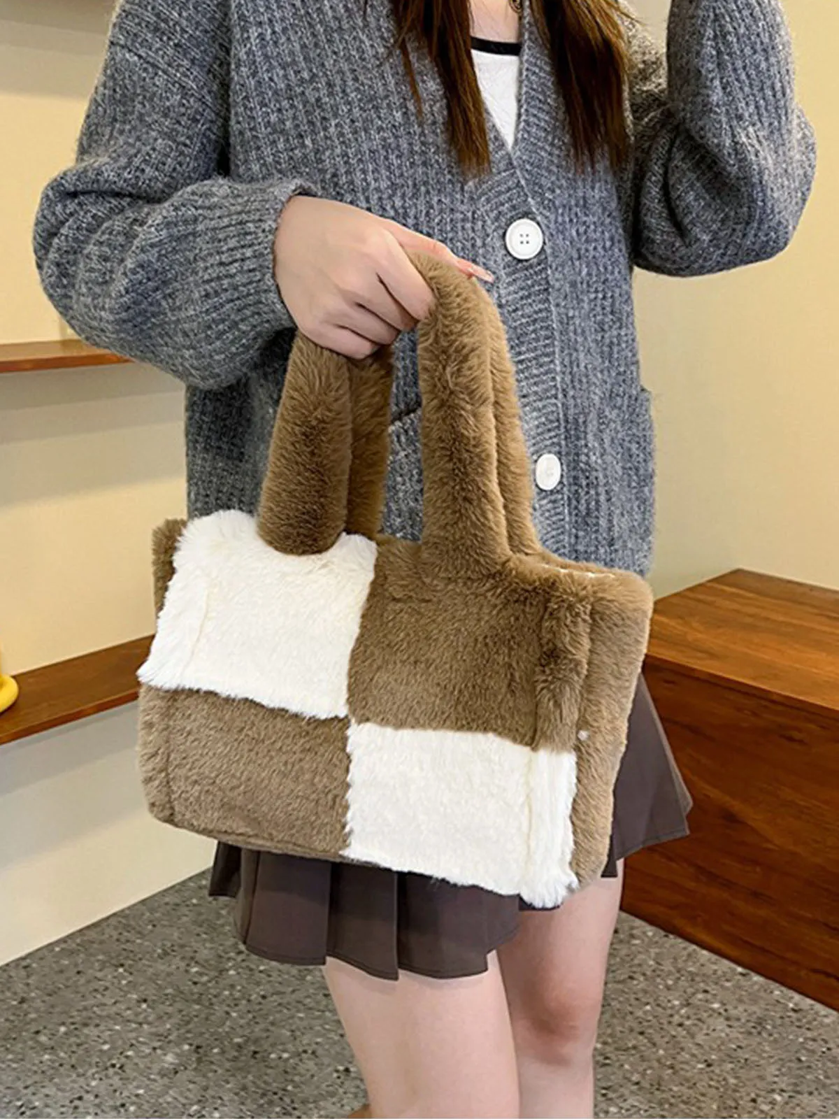 Large & Small Plush Fluffy checkerboard Tote Bags