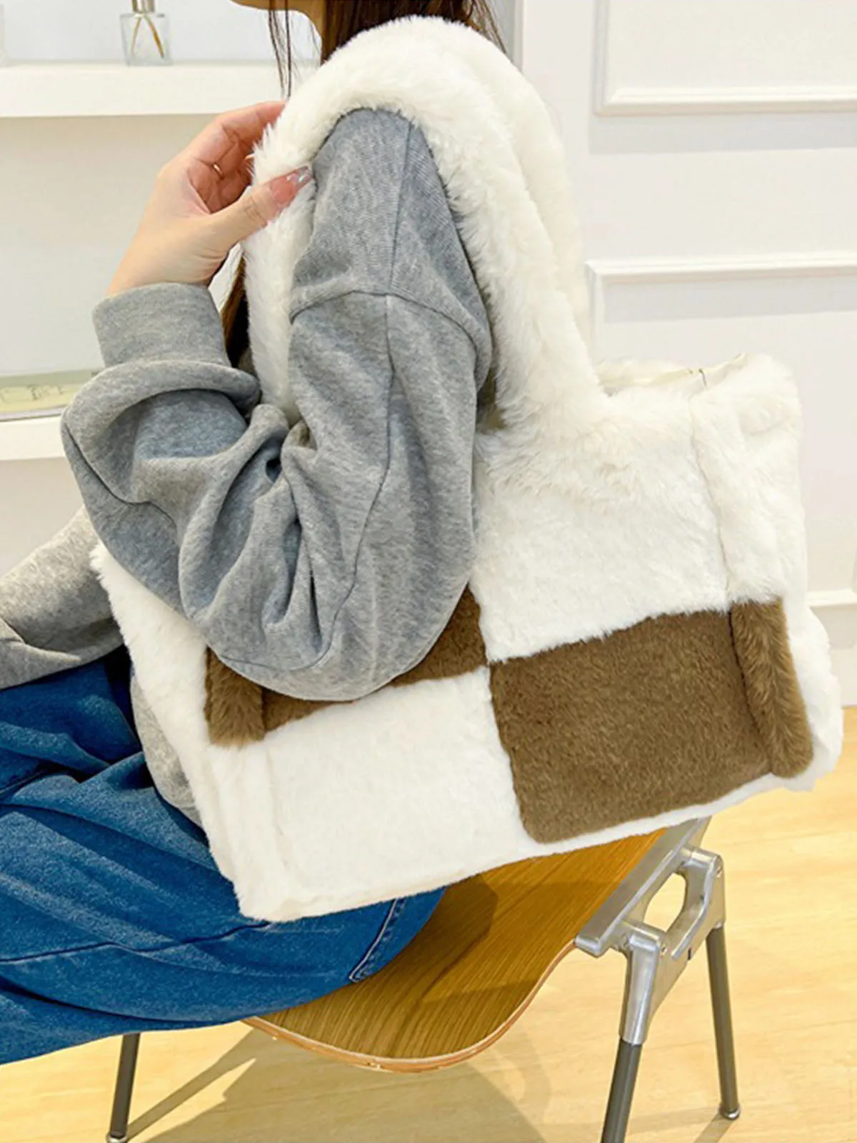 Large & Small Plush Fluffy checkerboard Tote Bags