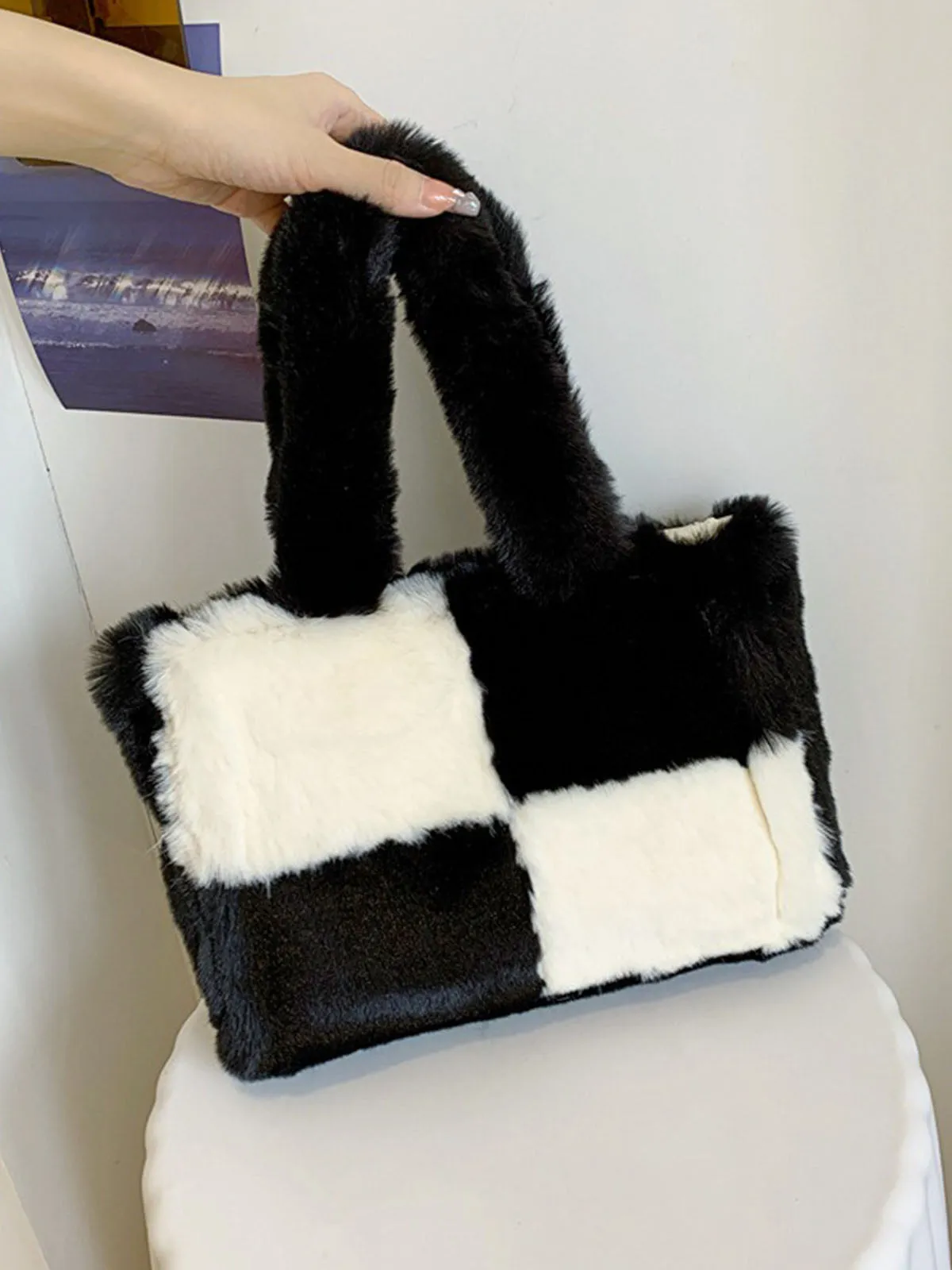 Large & Small Plush Fluffy checkerboard Tote Bags