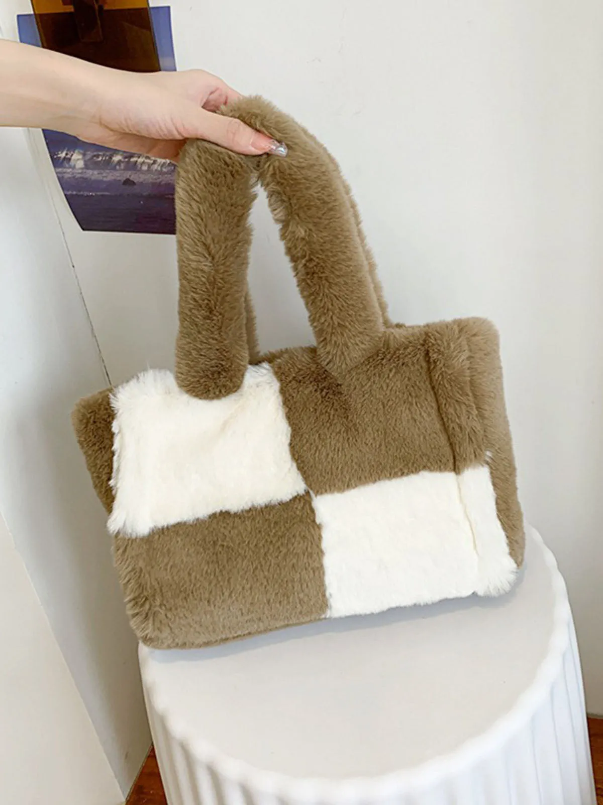 Large & Small Plush Fluffy checkerboard Tote Bags