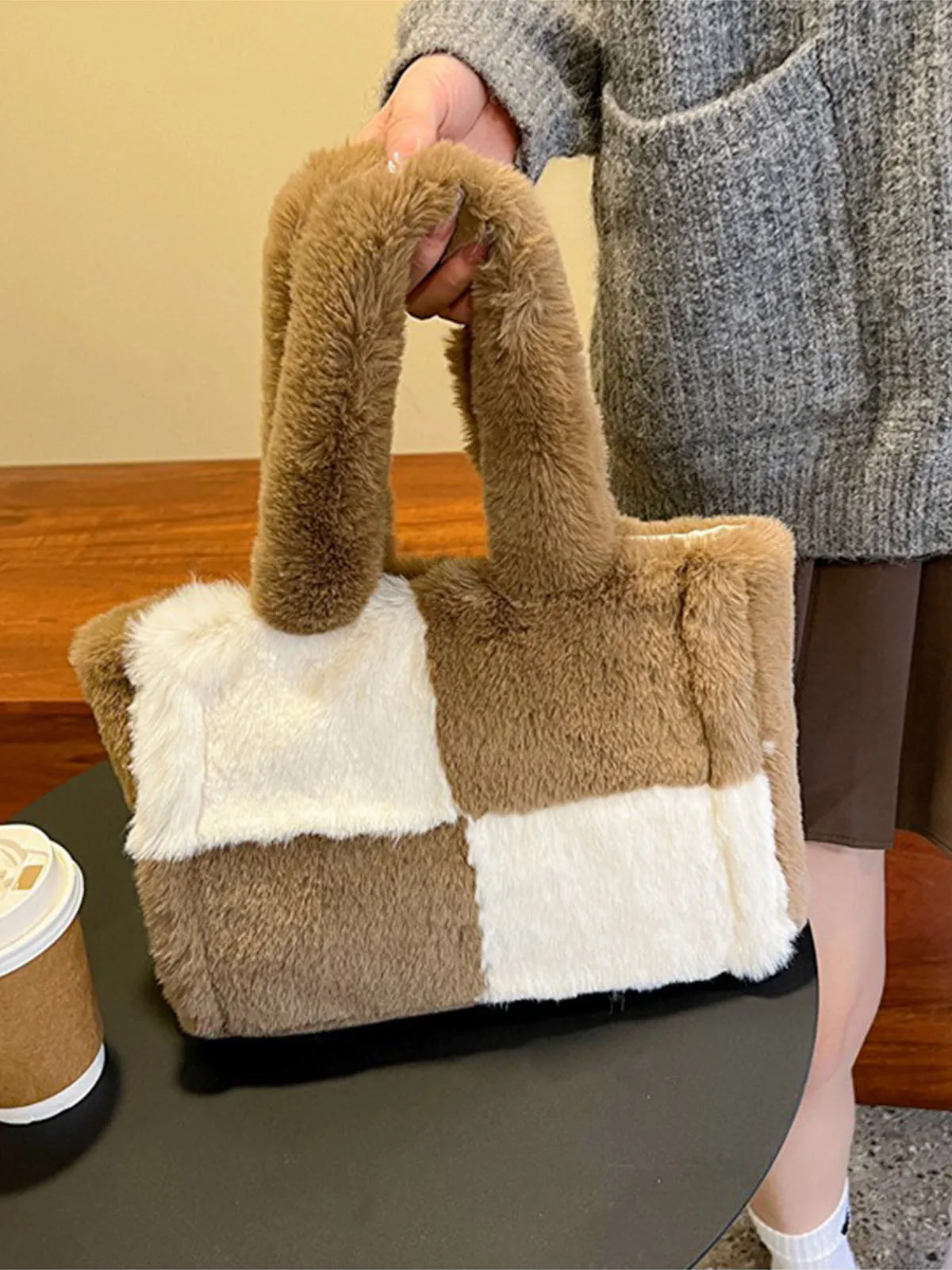 Large & Small Plush Fluffy checkerboard Tote Bags