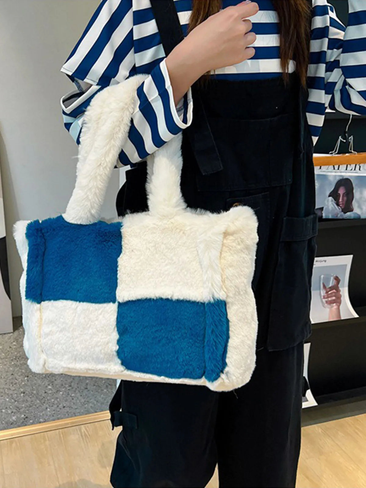 Large & Small Plush Fluffy checkerboard Tote Bags