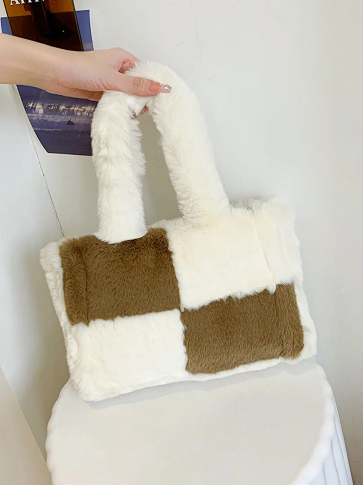 Large & Small Plush Fluffy checkerboard Tote Bags