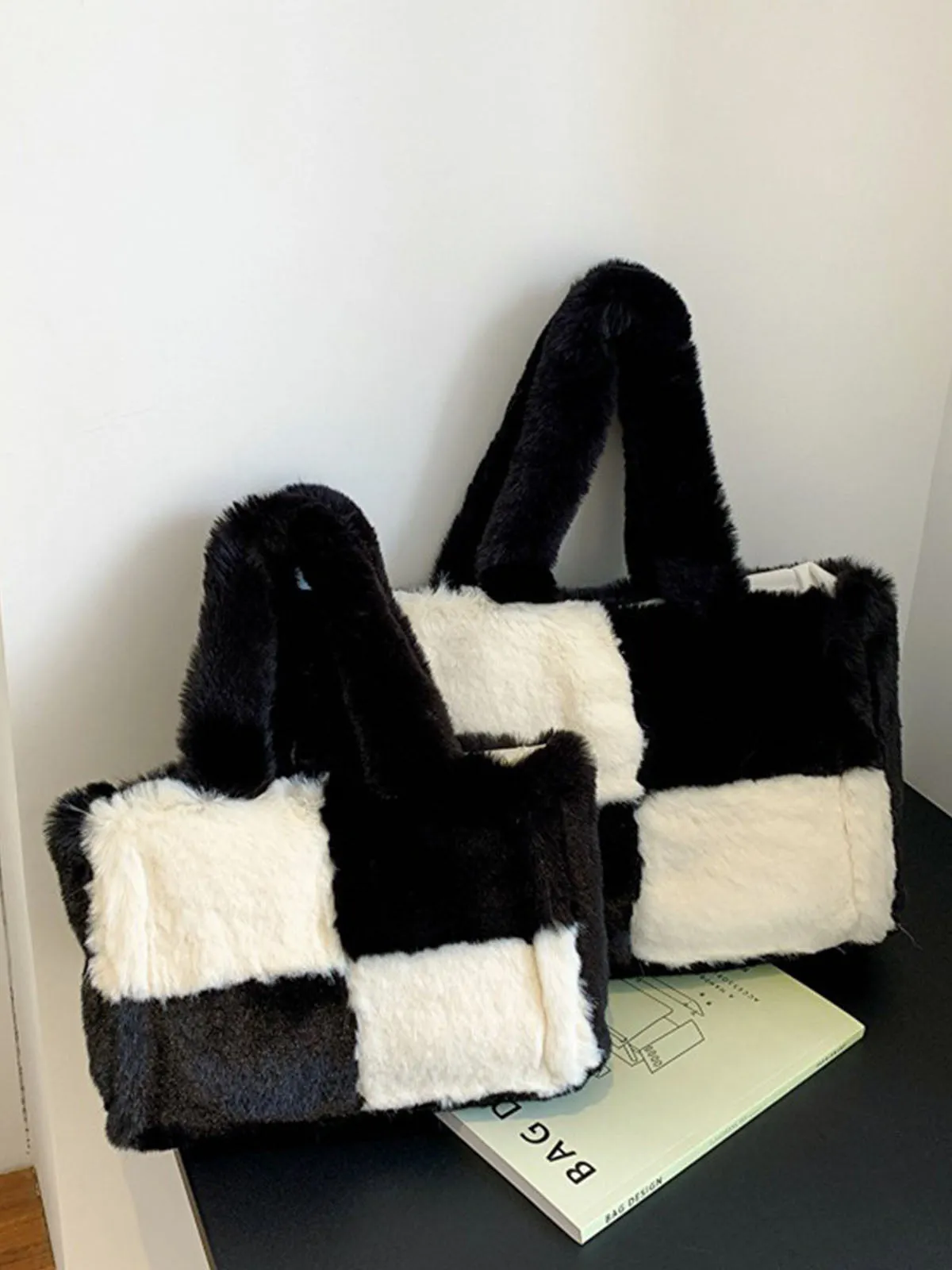 Large & Small Plush Fluffy checkerboard Tote Bags