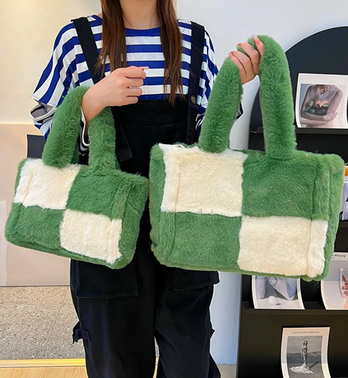 Large & Small Plush Fluffy checkerboard Tote Bags