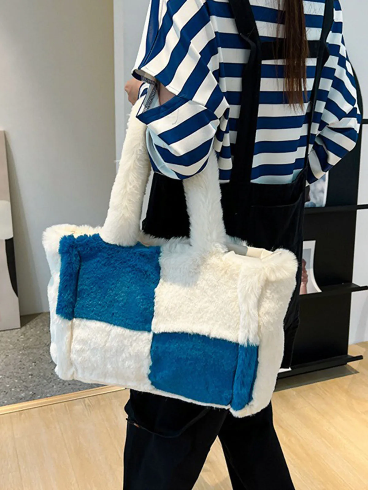 Large & Small Plush Fluffy checkerboard Tote Bags