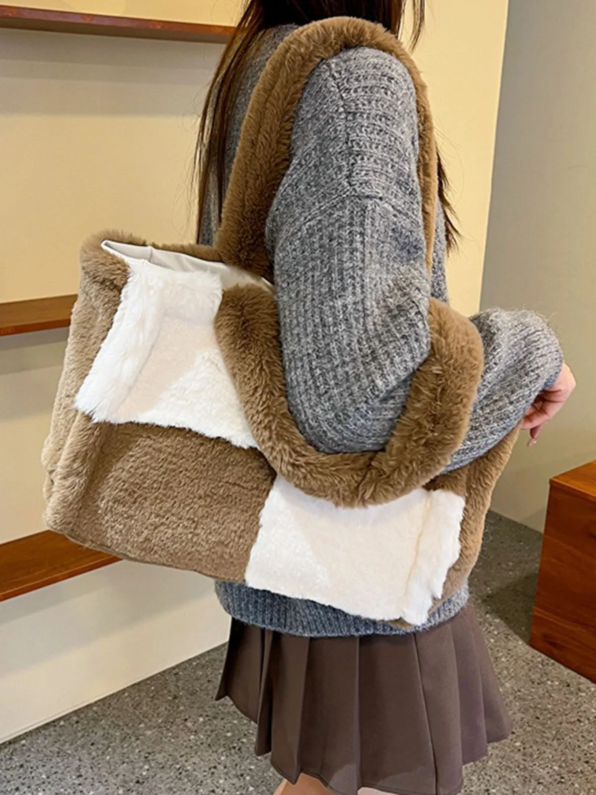 Large & Small Plush Fluffy checkerboard Tote Bags
