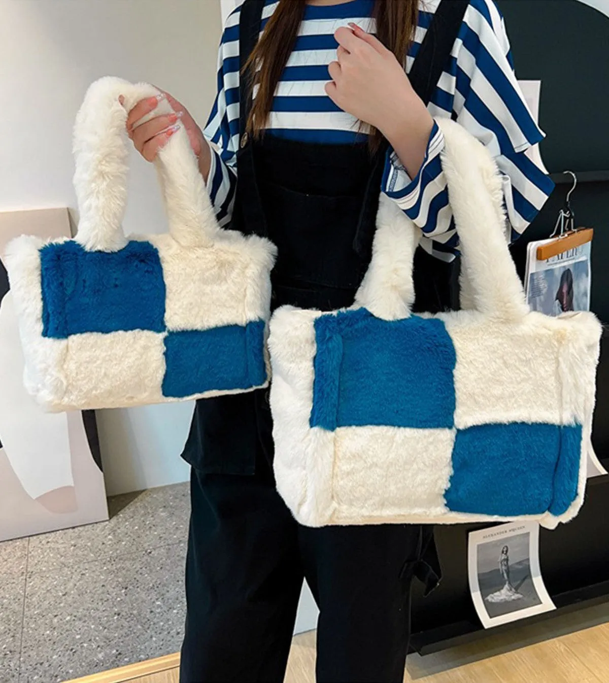 Large & Small Plush Fluffy checkerboard Tote Bags