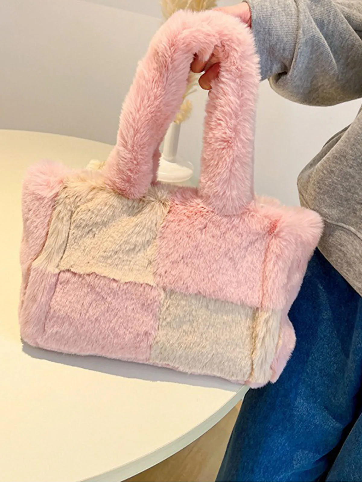 Large & Small Plush Fluffy checkerboard Tote Bags