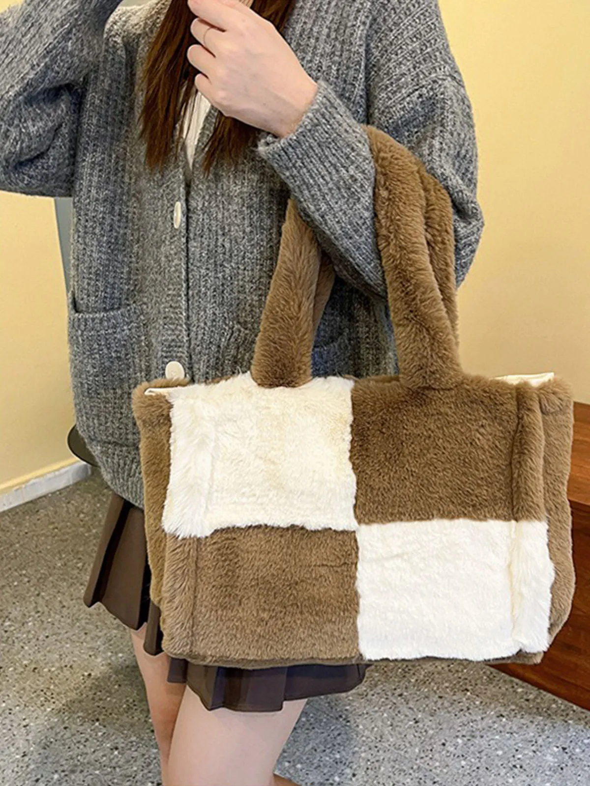 Large & Small Plush Fluffy checkerboard Tote Bags