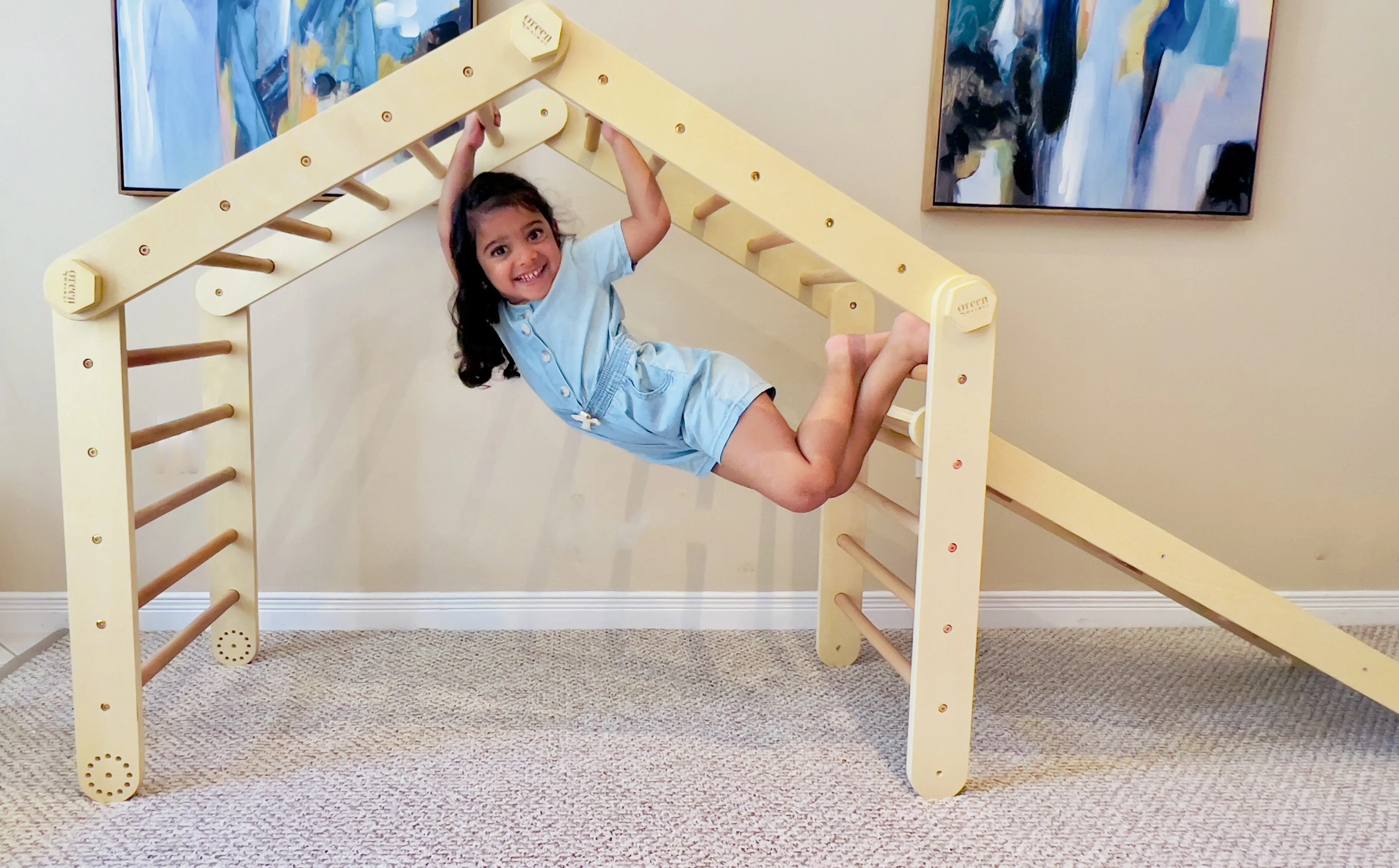 Large Convertible Wooden Pikler Triangle Gym With Slide & Ramp | Multifold Climbing Gym