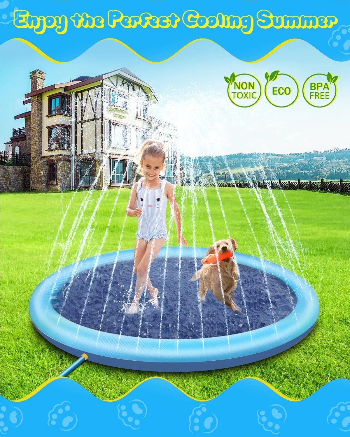 New Raxurt 67 inch Round Anti-Slip Dog Pool Splash Pad for Dogs 0.65mm Thickened Durable Hard Plastic Shell Portable Foldable when not in use!
